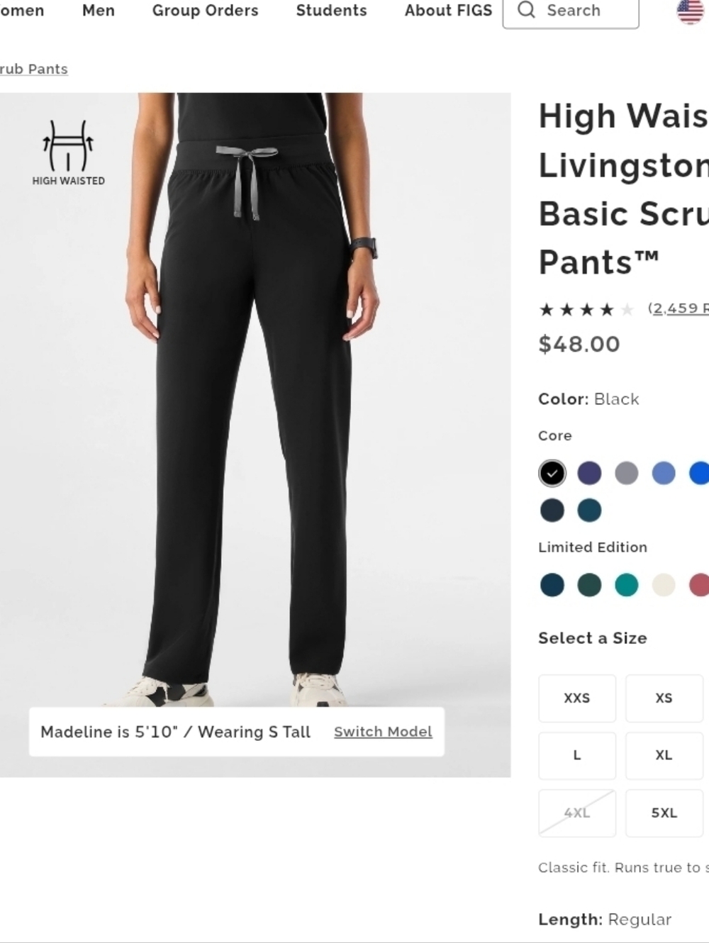 FIGS High-Waist Straight Leg Scrub Pants - Black with Gray Drawstring